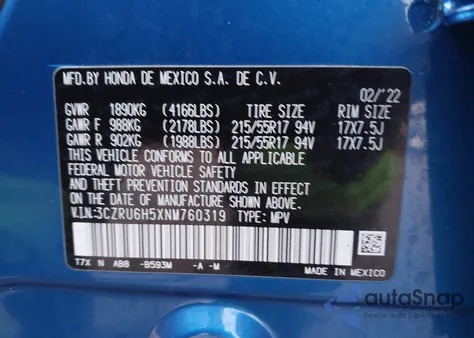 2022 Honda Hr-V Awd Ex from USA, damaged, VIN 3CZRU6H5XNM760319